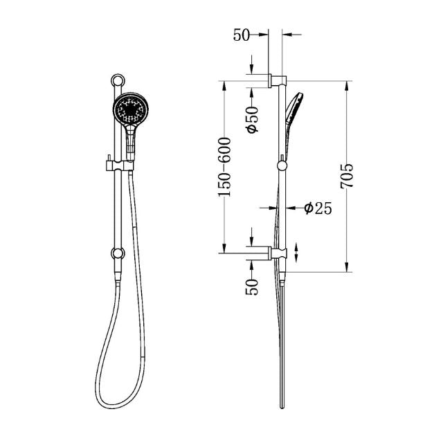 Technical Drawing Nero Mecca Shower Rail With Air Shower II Matte White - NR221905GMW - The Blue Space
