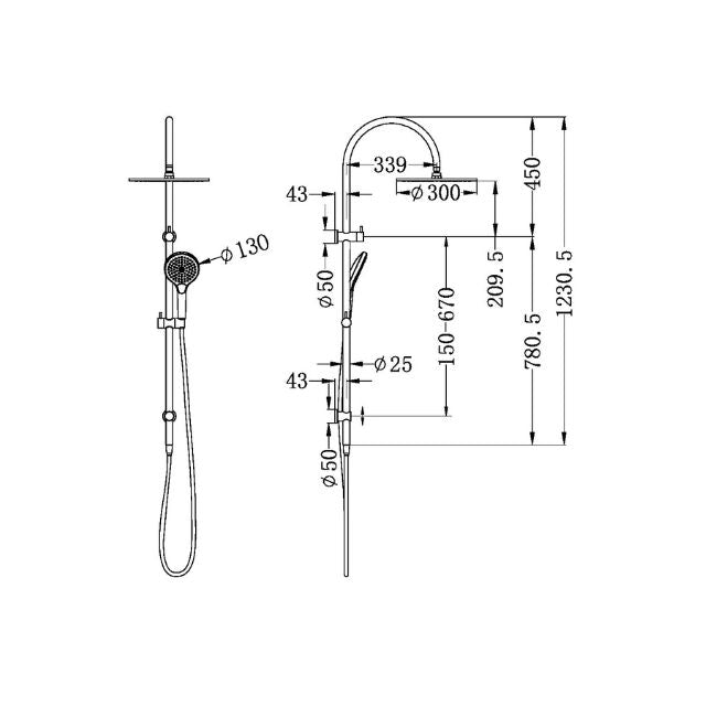Technical Drawing Nero Mecca Twin Shower With Air Shower II Matte Black - NR221905HMB - The Blue Space