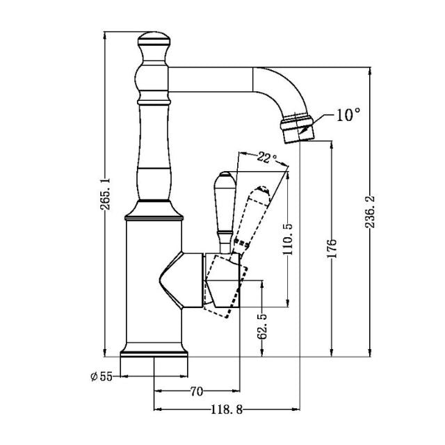 Technical Drawing Nero York Basin Mixer With White Porcelain Lever Aged Brass NR69210101AB - The Blue Space