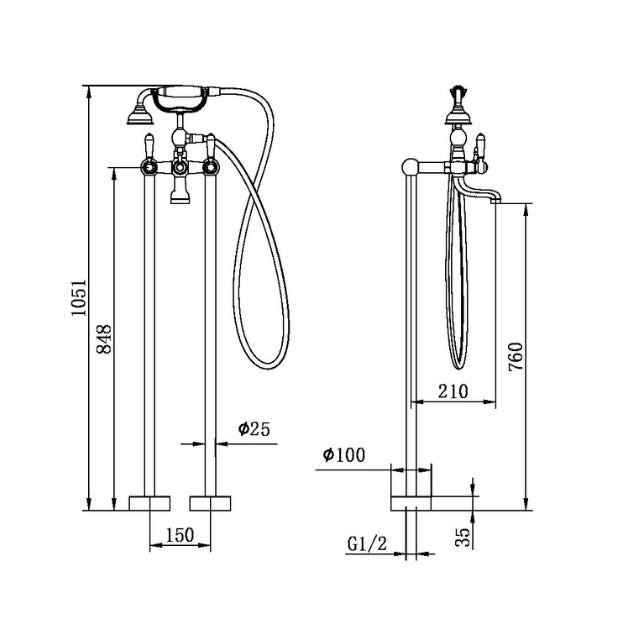 Technical Drawing Nero York Freestanding Bath Set With White Porcelain Hand Shower Matte Black NR692103a01MB - The Blue Space