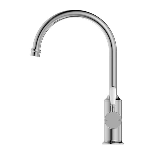 Buy Online Nero York Kitchen Mixer Gooseneck Spout With White Porcelain Lever Chrome NR69210601CH - The Blue Space