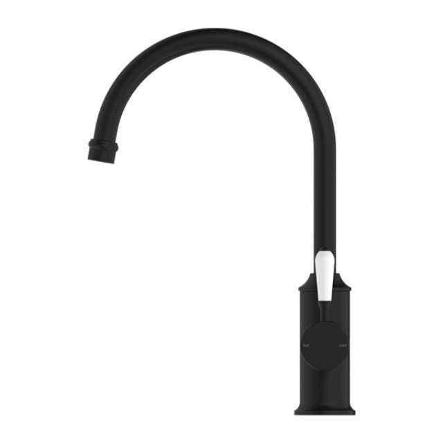 Buy Online Nero York Kitchen Mixer Gooseneck Spout With White Porcelain Lever Matte Black NR69210601MB - The Blue Space