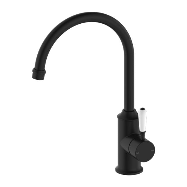 Nero York Kitchen Mixer Gooseneck Spout With White Porcelain Lever Matte Black NR69210601MB - The Blue Space