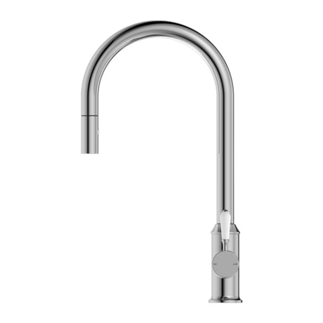 Nero York Pull Out Sink Mixer With Vegie Spray Function With White Porcelain Lever Chrome
