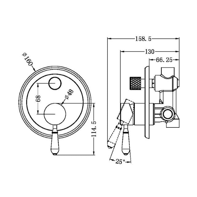 Technical Drawing Nero York Shower Mixer With Diverter With Metal Lever Aged Brass NR692109a02AB - The Blue Space