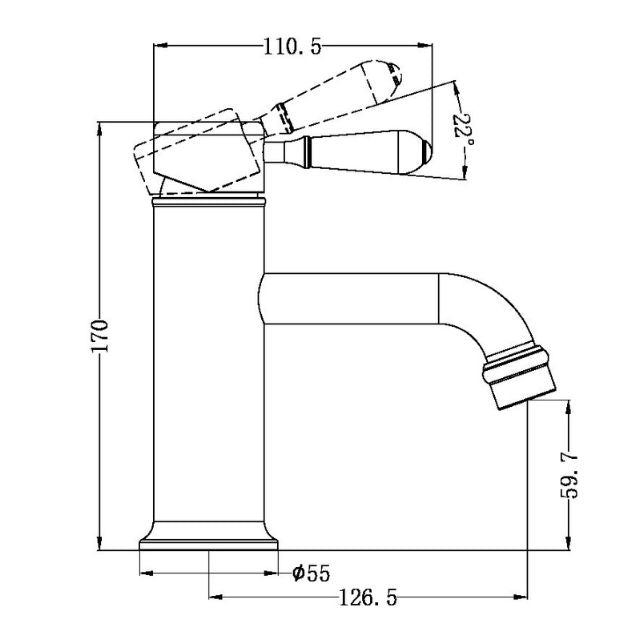 Technical Drawing Nero York Straight Basin Mixer With White Porcelain Lever Chrome NR692101b01CH - The Blue Space