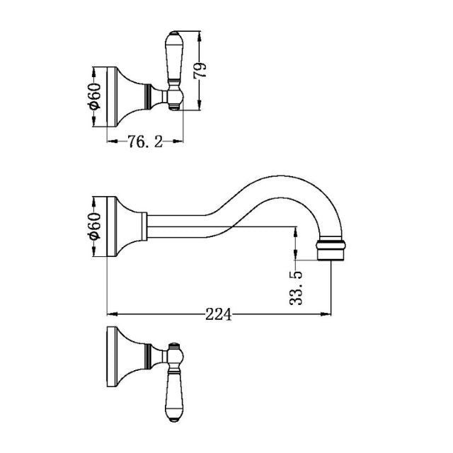 Technical Drawing Nero York Wall Basin Set with Metal Lever - Aged Brass NR692107a02AB - The Blue Space