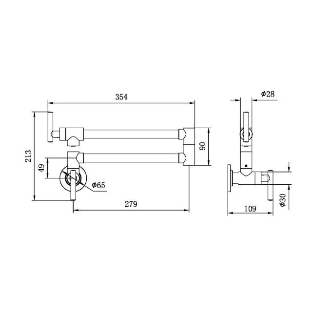 Technical Drawing Nero Zen 316L Stainless Steel Pot Filler Graphite NR162203GR - The Blue Space