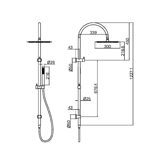Technical Drawing Nero Zen SS316L Twin Shower With Outdoor Shower Hose Brushed Nickel NR162205C01BN - The Blue Space