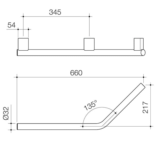 Caroma Opal Support Rail 135 Degree Left Hand Angled Technical Drawing - The Blue Space