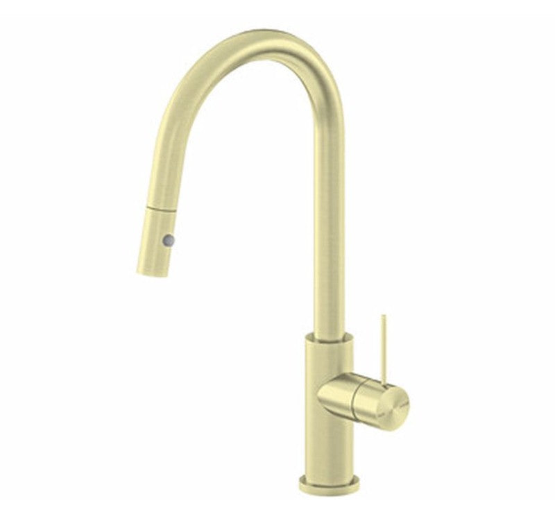 Nero Mecca Pull Out Sink Mixer With Vegie Spray Brushed Gold | The Blue Space
