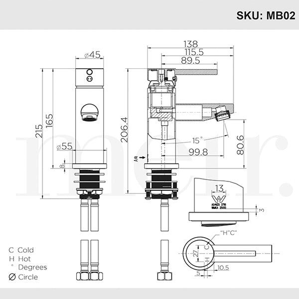 Meir Round Champagne Basin Mixer Dimensions