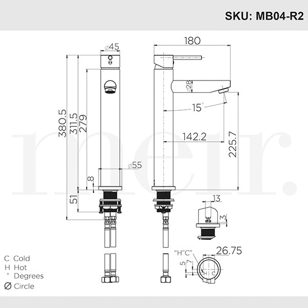 Meir Round Tall Matte Black Basin Mixer Dimensions - The Blue Space