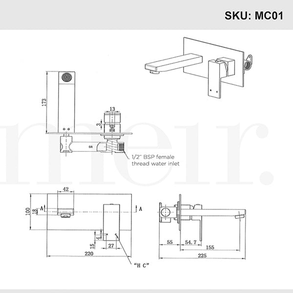 Meir Square Matte Black Spout and Mixer Combination Dimensions - The Blue Space