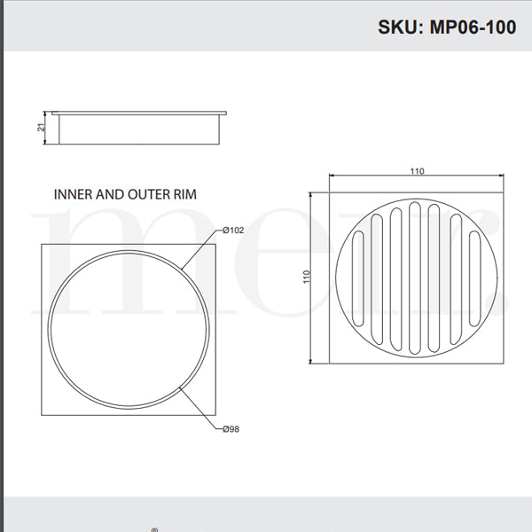Technical Drawing - Meir Square Floor Grate Shower Drain 100mm Outlet