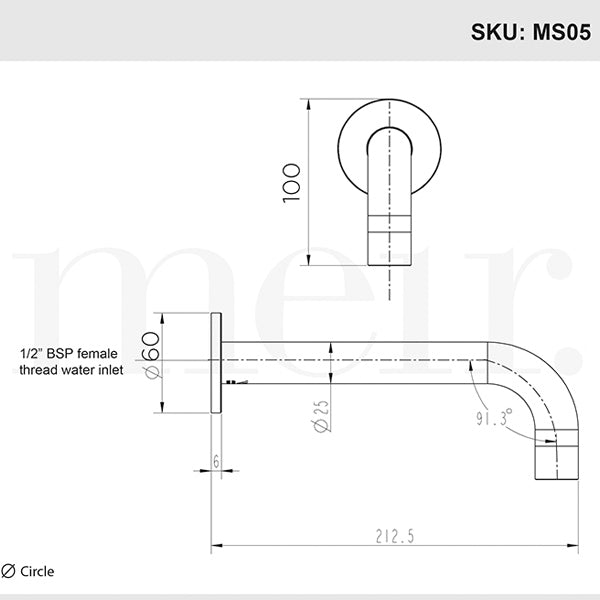Meir Chrome Round Curved Wall Spout 200mm - Line Drawings