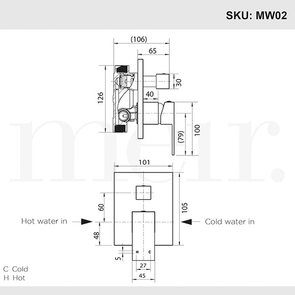 Meir Square Matte Black Wall Mixer with Diverter Dimensions - The Blue Space