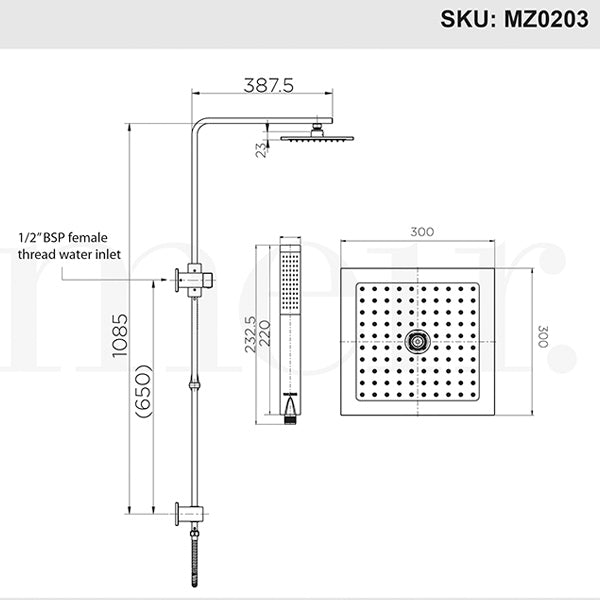 Meir Square 2-in-1 Matte Black Shower Rail Set 300mm Dimensions - The Blue Space
