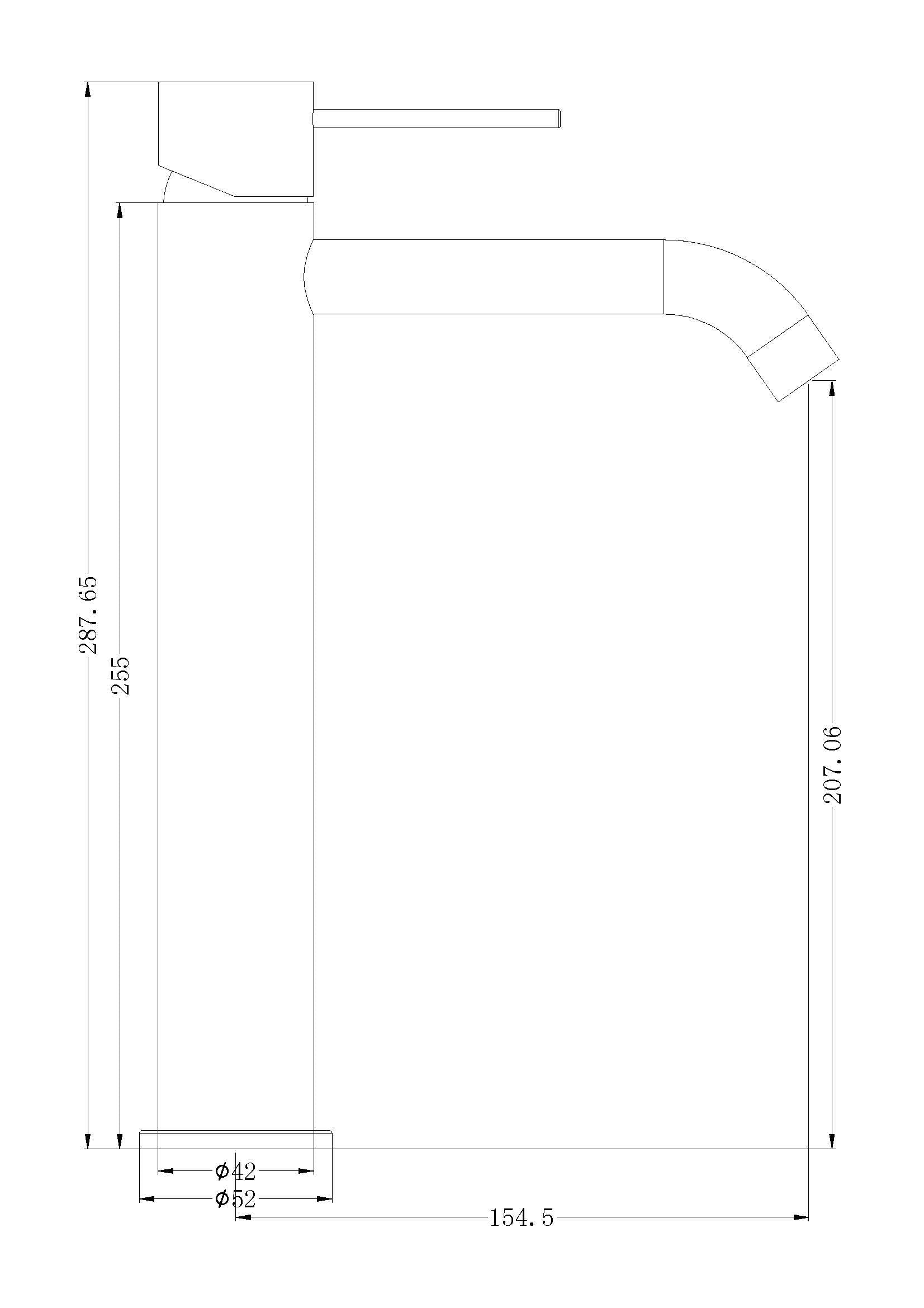 Technical Drawing: Nero Mecca Tall Basin Mixer Matte Black