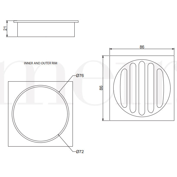 Technical Drawing - Meir Square Floor Grate Shower Drain 80mm Outlet - Gold