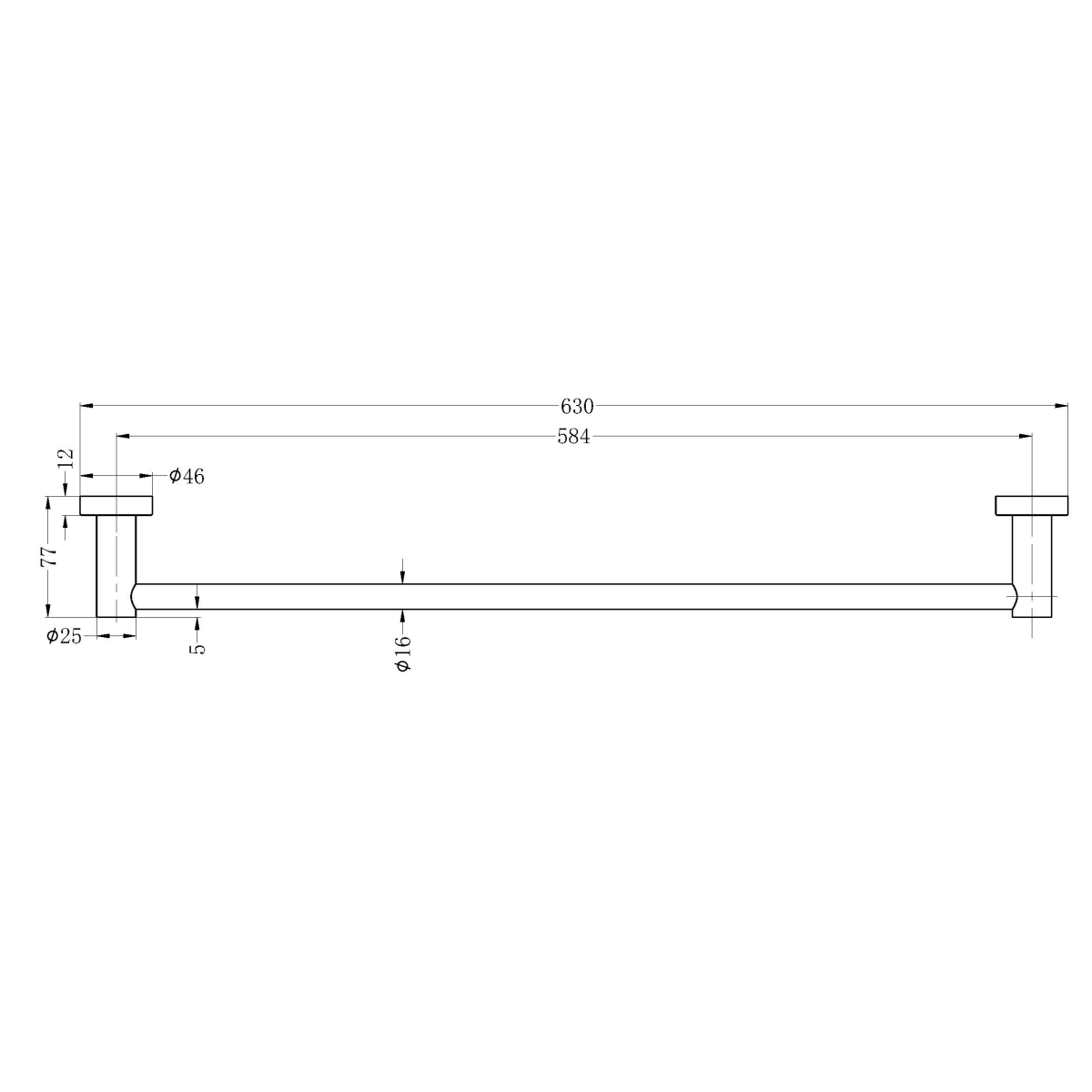 Technical Drawing: Nero Mecca Single Towel Rail 600mm Gun Metal