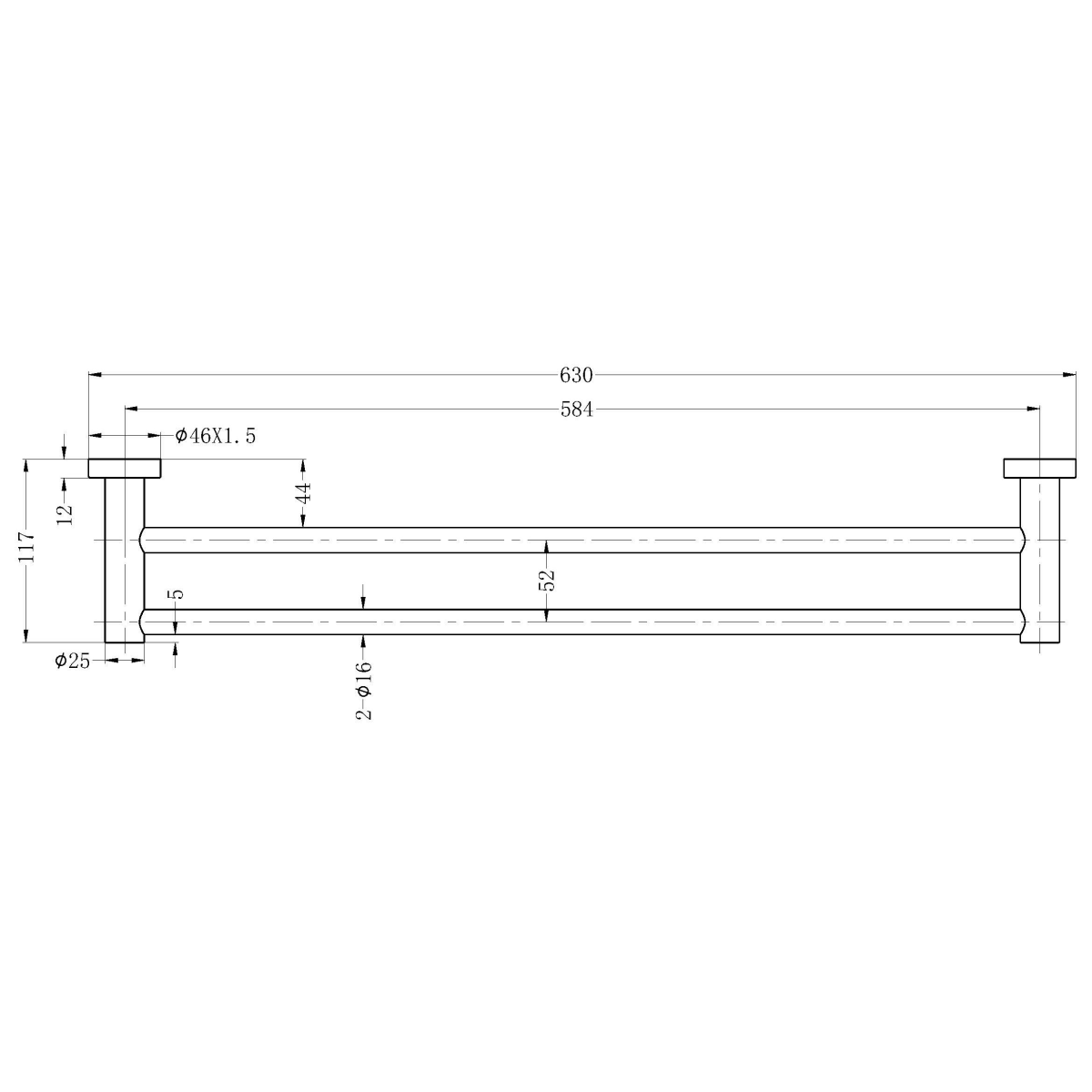 Technical Drawing: Nero Mecca Double Towel Rail 600mm Gun Metal