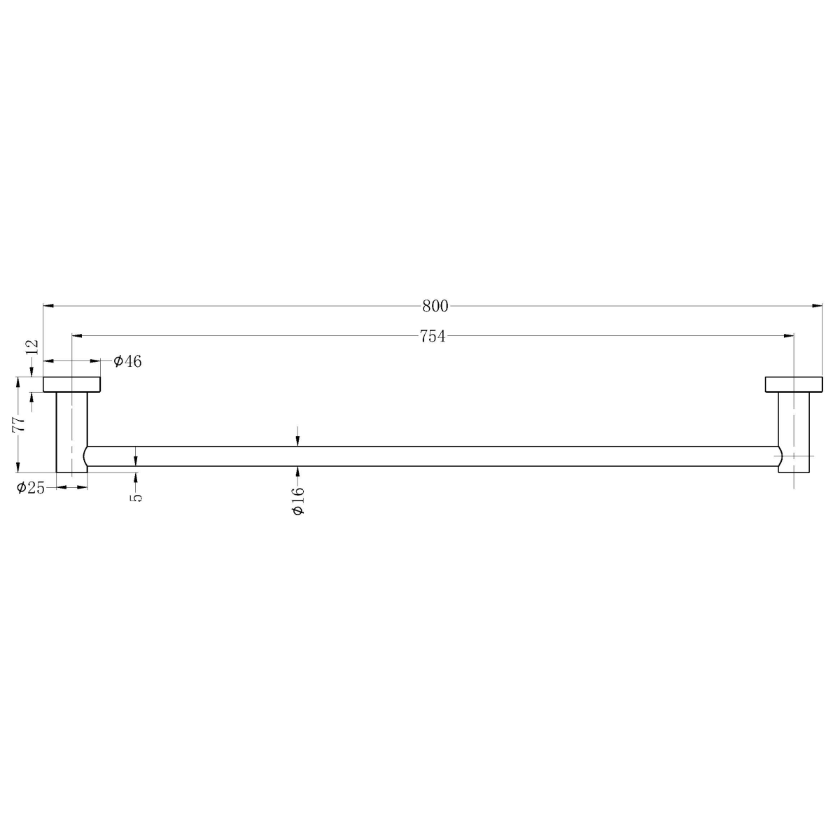 Technical Drawing: Nero Mecca Single Towel Rail 800mm Brushed Nickel