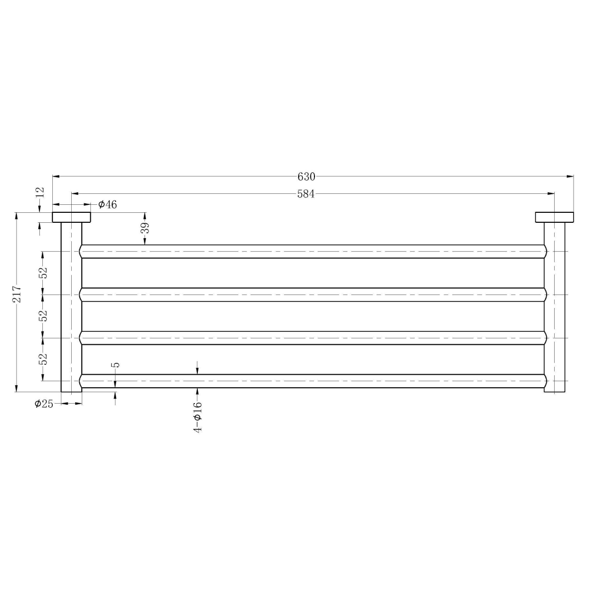 Technical Drawing: Nero Mecca Towel Rack Brushed Nickel