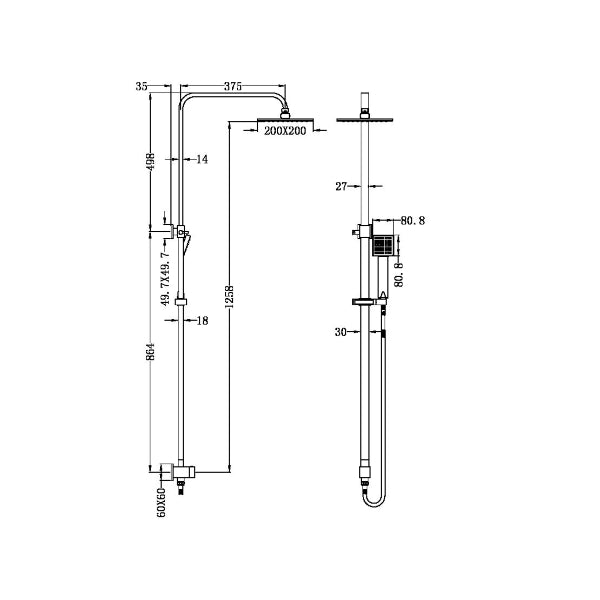Technical Drawing: Nero Vibe Square Shower Bracket Chrome