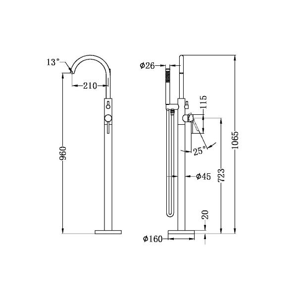 Technical Drawing: Nero Nova Round Floormount Mixer With Handshower Matte Black
