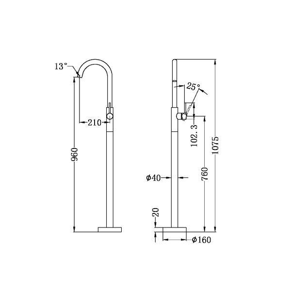 Technical Drawing: Nero Dolce Floormount Bath Mixer Brushed Nickel