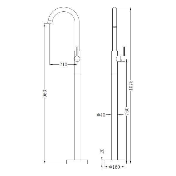 Technical Drawing: Nero Dolce Floormount Bath Mixer Brushed Gold