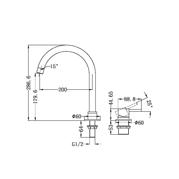 Technical Drawing: Nero Mecca Hob Basin Mixer Round Spout Brushed Nickel