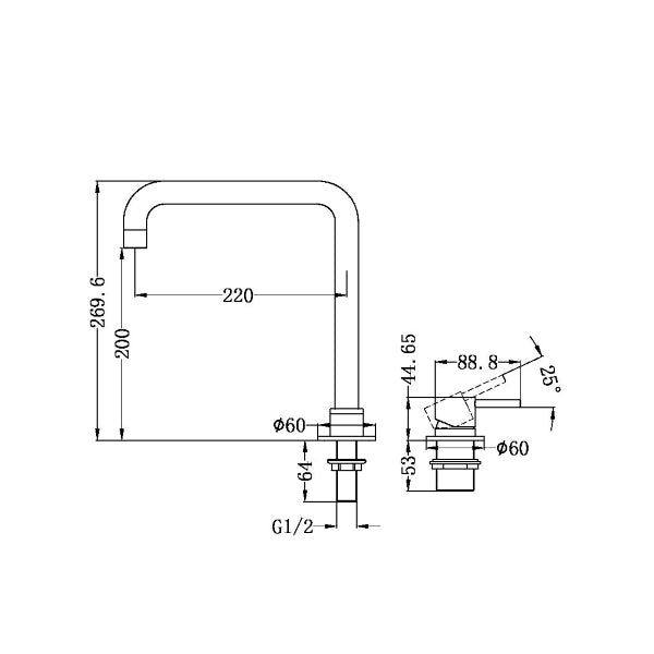 Technical Drawing: Nero Mecca Hob Basin Mixer Square Spout Chrome