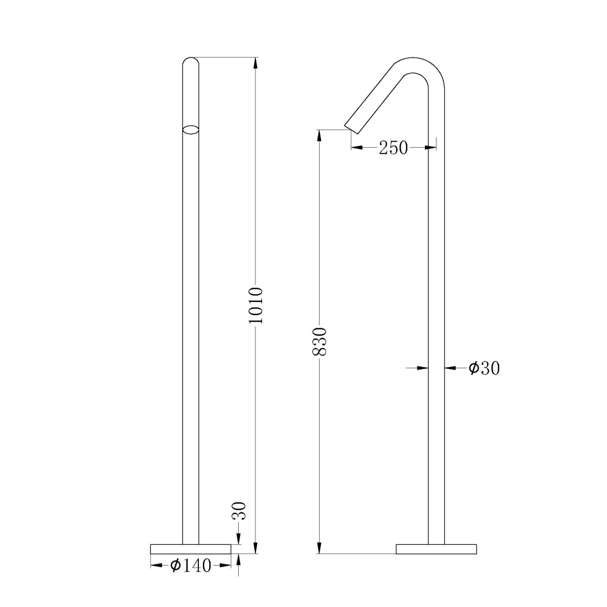 Technical Drawing: Nero Mecca Bianca Floor Standing Bath Spout Gun Metal