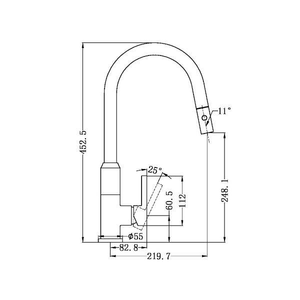 Technical Drawing: Nero Pearl Pull Out Sink Mixer with Vegie Spray White Chrome