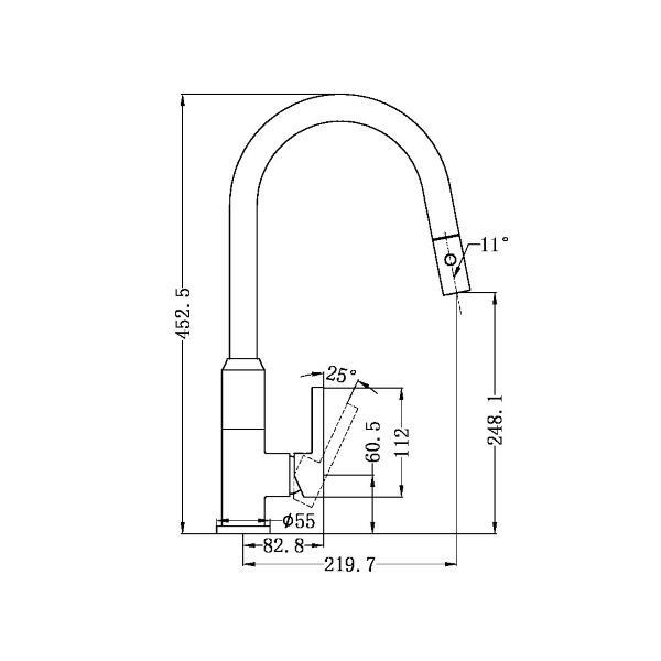 Technical Drawing: Nero Pearl Pull Out Sink Mixer with Vegie Spray Brushed Gold