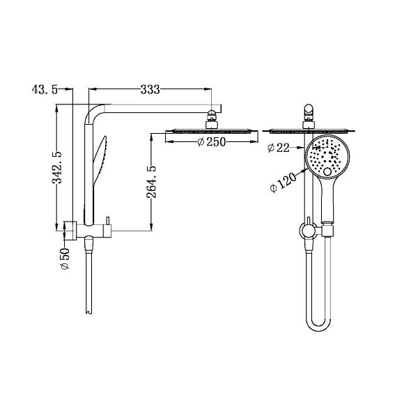 Technical Drawing: Nero Dolce 2 In 1 Shower Chrome