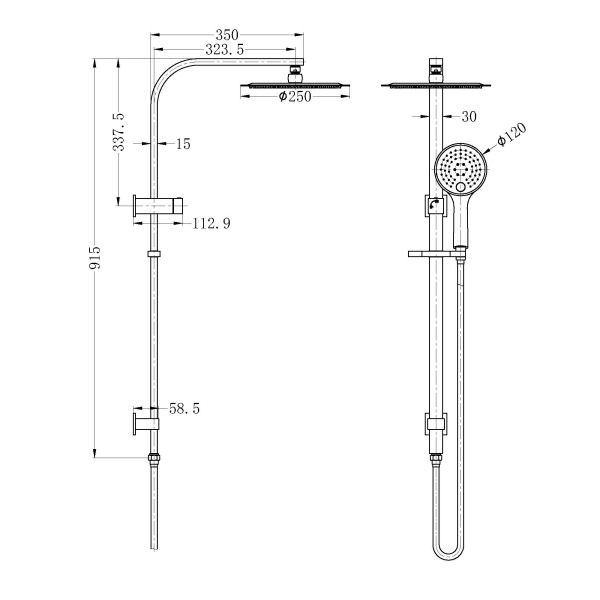 Mecca/Bianca Shower Set Round Head Technical Drawing - The Blue Space