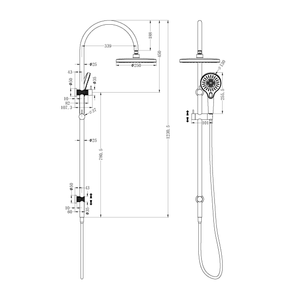 Technical Drawing: Nero Opal Twin Shower Gunmetal