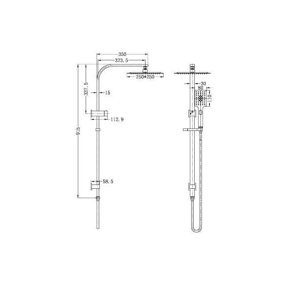 Technical Drawing: Nero Celia Square Shower Set Brushed Gold
