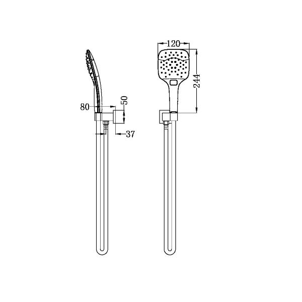Technical Drawing: Nero Rain Square 3 Function Rail Shower Bracket Matte Black