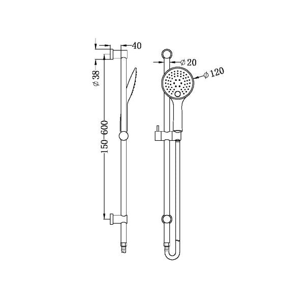 Technical Drawing: Nero Dolce 3 Function Rail Shower Chrome