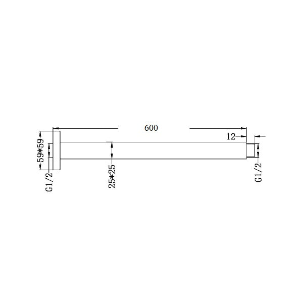 Technical Drawing: Nero Square Ceiling Arm 600mm Chrome