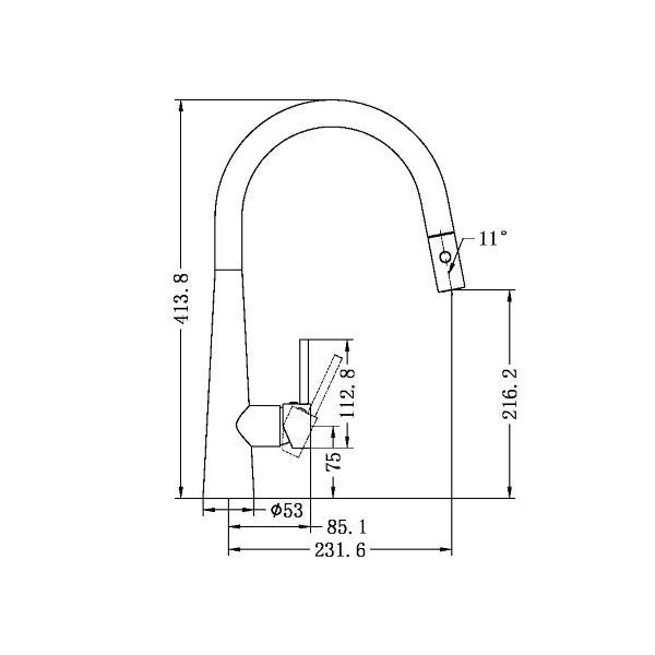 Technical Drawing: Nero Dolce Pull Out Sink Mixer with Vegie Spray Brushed Nickel
