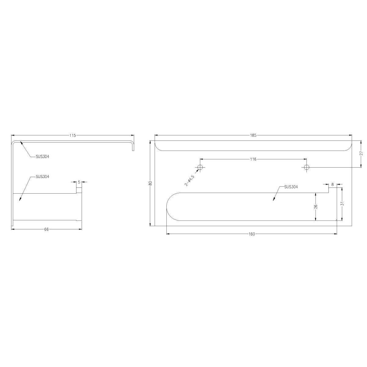Technical Drawing: Nero Bianca Toilet Roll Holder with Shelf Chrome