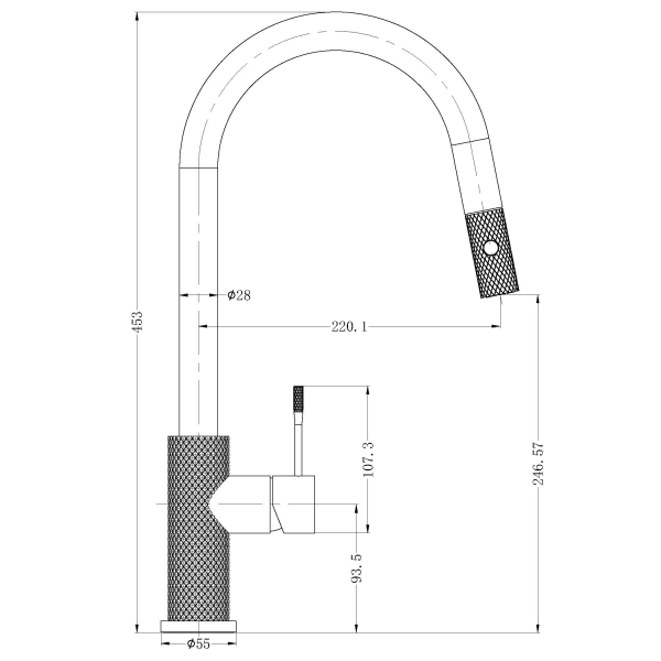 Technical Drawing: Nero Opal Pull Out Sink Mixer Brushed Gold