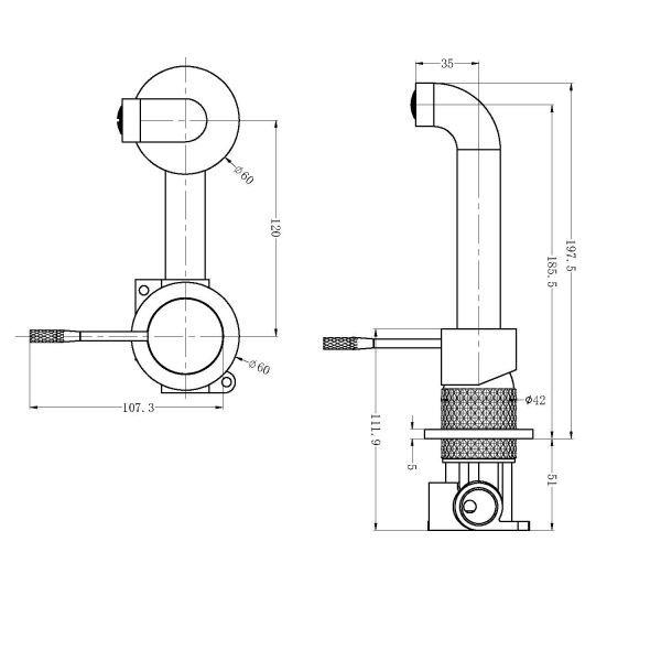 Technical Drawing: Nero Opal Wall Basin/Bath Mixer Brushed Gunmetal