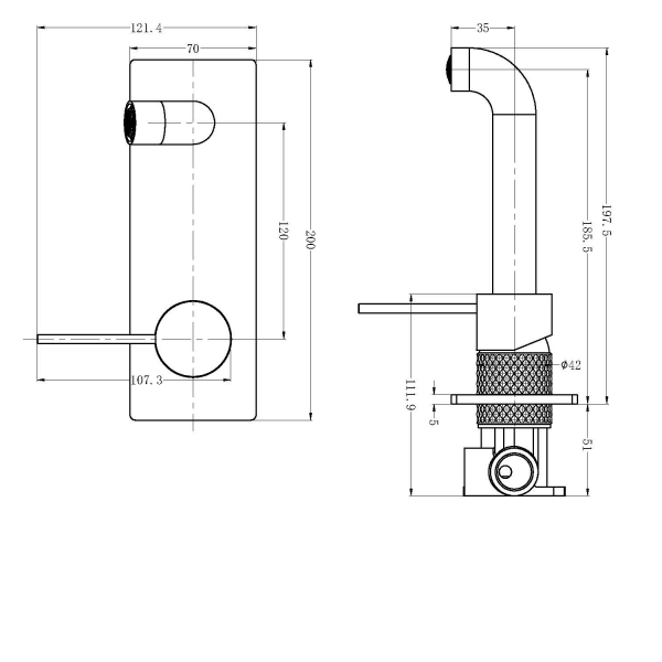 Technical Drawing: Nero Opal Wall Basin/Bath Mixer Brushed Gold