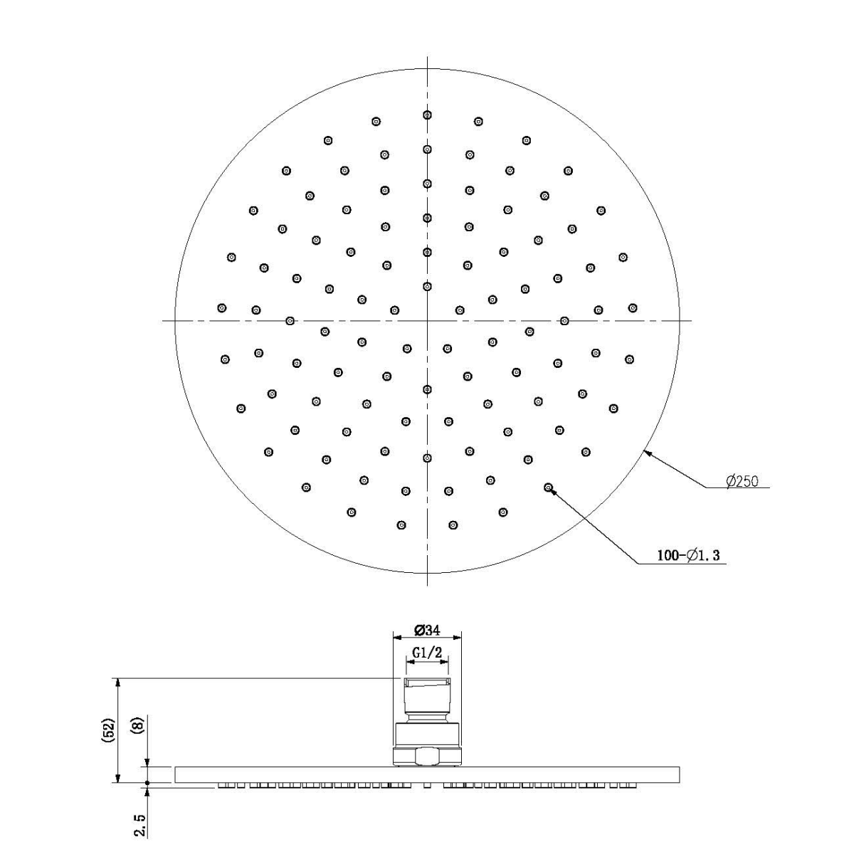 Technical Drawing: Nero Round Shower Head 250mm Brushed Gold